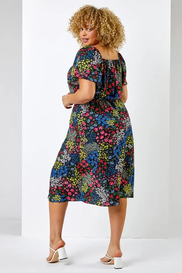 Black Curve Ditsy Floral Print Sweetheart Midi Dress Women Roman Dresses