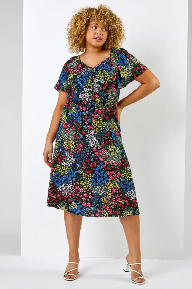 Black Curve Ditsy Floral Print Sweetheart Midi Dress Women Roman Dresses