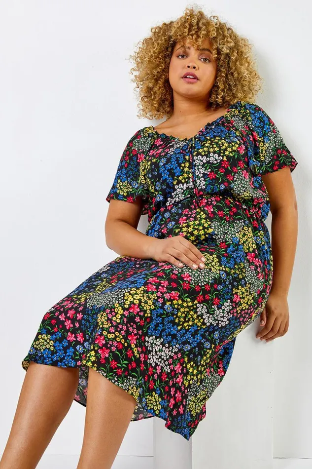 Black Curve Ditsy Floral Print Sweetheart Midi Dress Women Roman Dresses