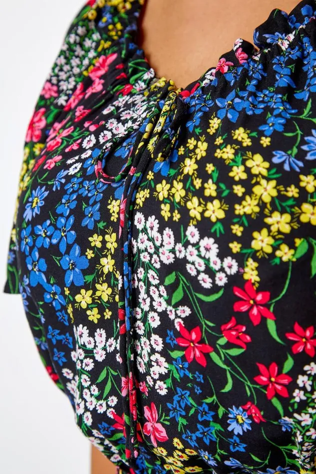 Black Curve Ditsy Floral Print Sweetheart Midi Dress Women Roman Dresses