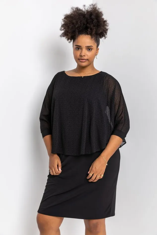 Black Curve Flock Spot Chiffon Overlay Dress Women Roman Dresses