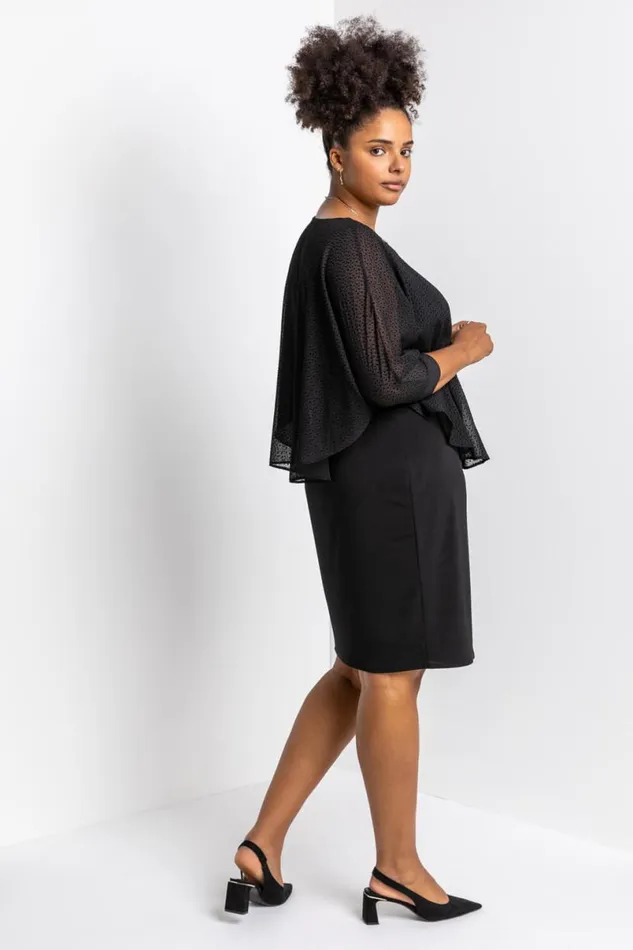 Black Curve Flock Spot Chiffon Overlay Dress Women Roman Dresses