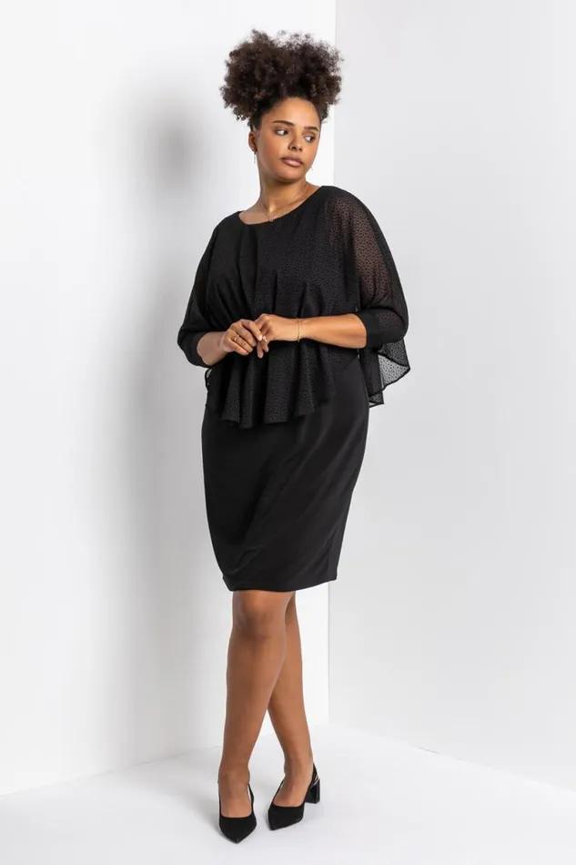 Black Curve Flock Spot Chiffon Overlay Dress Women Roman Dresses