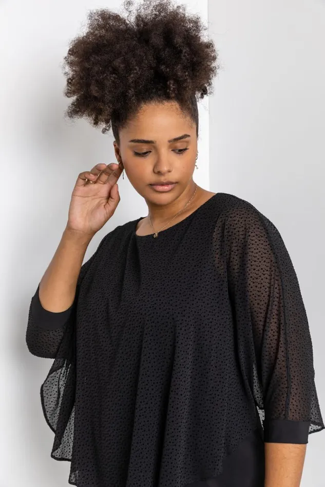 Black Curve Flock Spot Chiffon Overlay Dress Women Roman Dresses