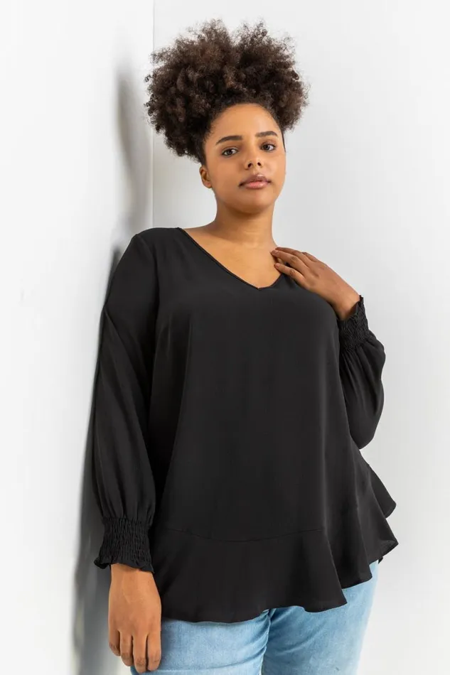 Black Curve Frill Hem Shirred Long Sleeve Chiffon Top Women Roman Tops
