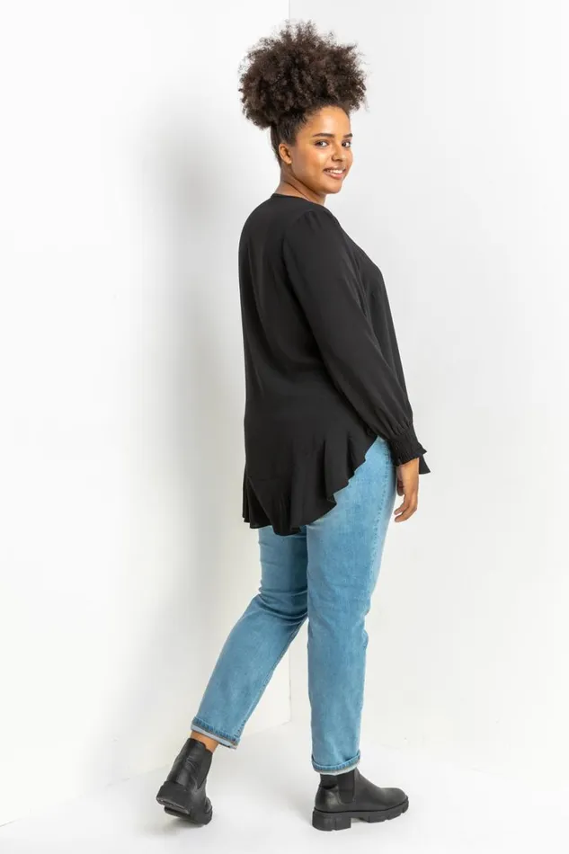 Black Curve Frill Hem Shirred Long Sleeve Chiffon Top Women Roman Tops