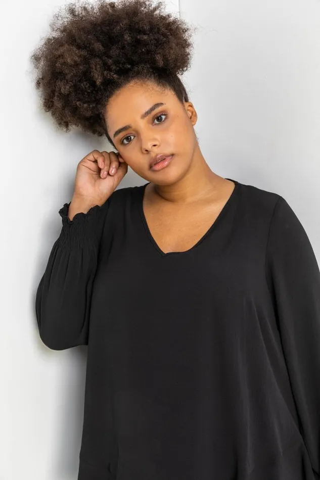 Black Curve Frill Hem Shirred Long Sleeve Chiffon Top Women Roman Tops