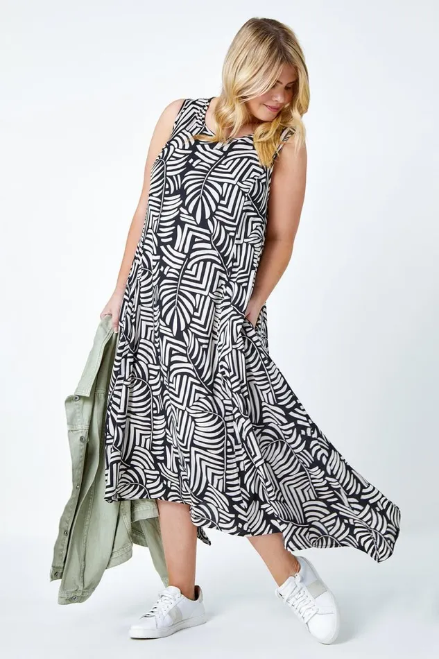 Black Curve Leaf Print Midi Dress Women Roman Dresses