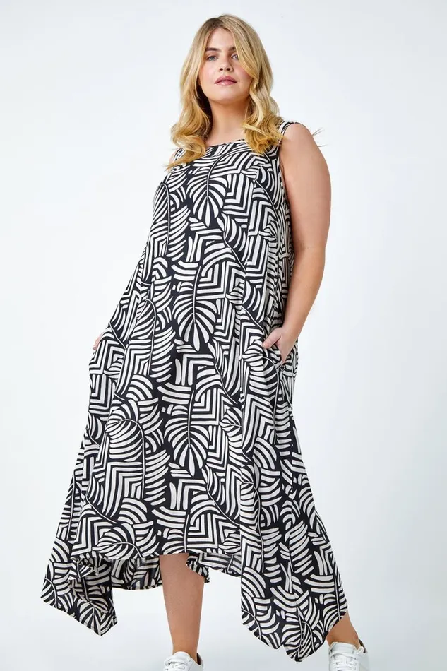 Black Curve Leaf Print Midi Dress Women Roman Dresses