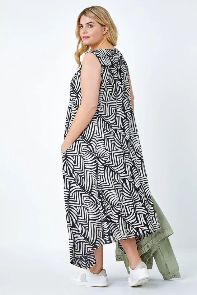Black Curve Leaf Print Midi Dress Women Roman Dresses