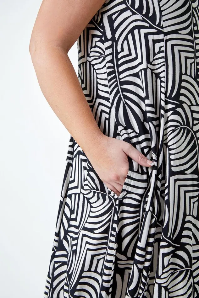 Black Curve Leaf Print Midi Dress Women Roman Dresses