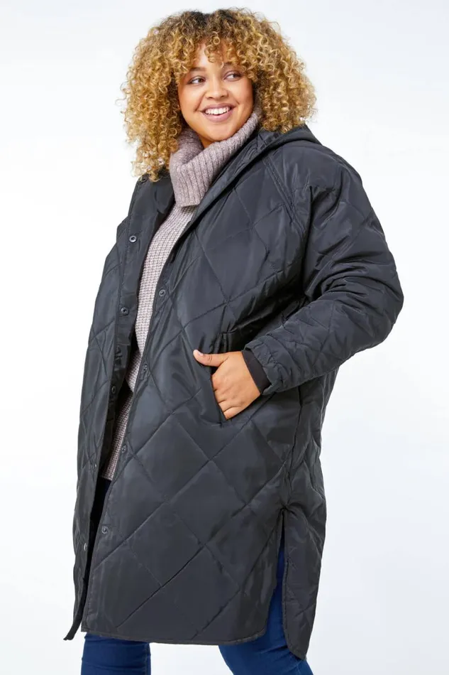 Black Curve Quilted Longline Coat Women Roman Coats