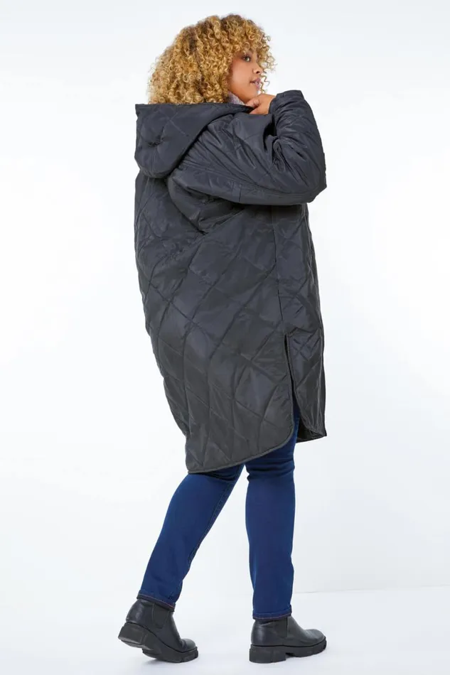 Black Curve Quilted Longline Coat Women Roman Coats