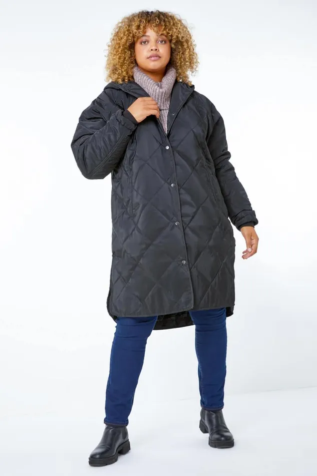 Black Curve Quilted Longline Coat Women Roman Coats