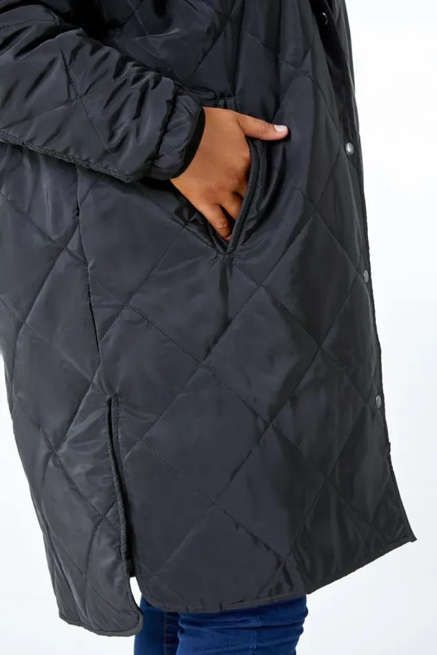 Black Curve Quilted Longline Coat Women Roman Coats