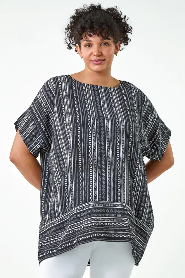 Black Curve Stripe Print Border Hem Top Women Roman Tops