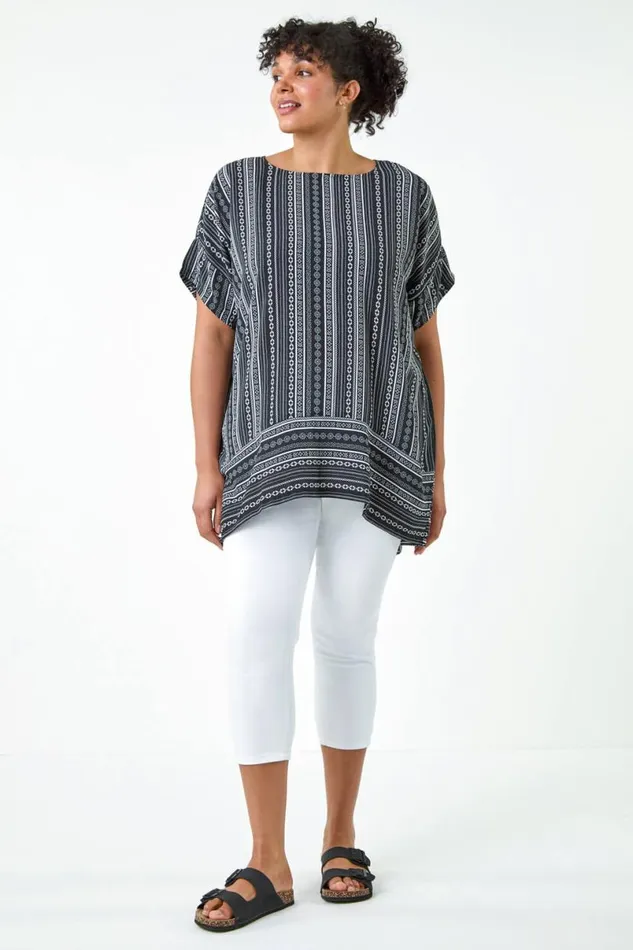 Black Curve Stripe Print Border Hem Top Women Roman Tops
