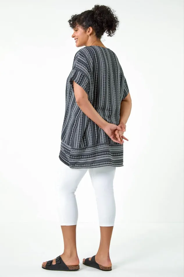 Black Curve Stripe Print Border Hem Top Women Roman Tops