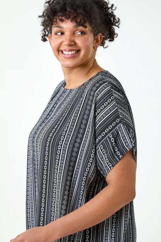 Black Curve Stripe Print Border Hem Top Women Roman Tops