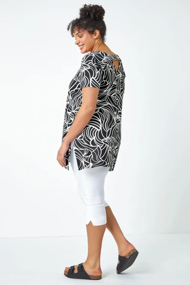 Black Curve Swirl Print Stretch Top Women Roman Tops