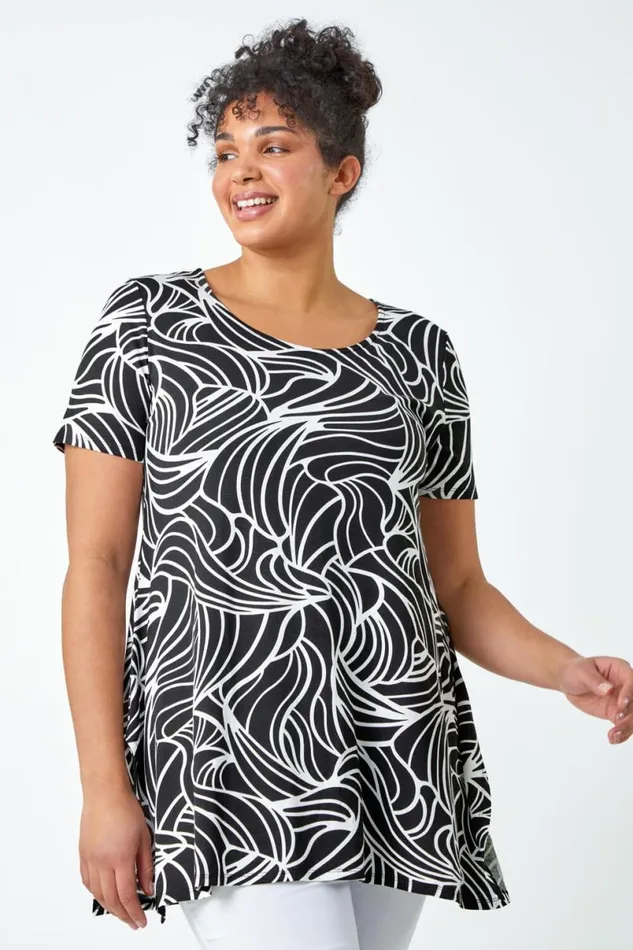 Black Curve Swirl Print Stretch Top Women Roman Tops