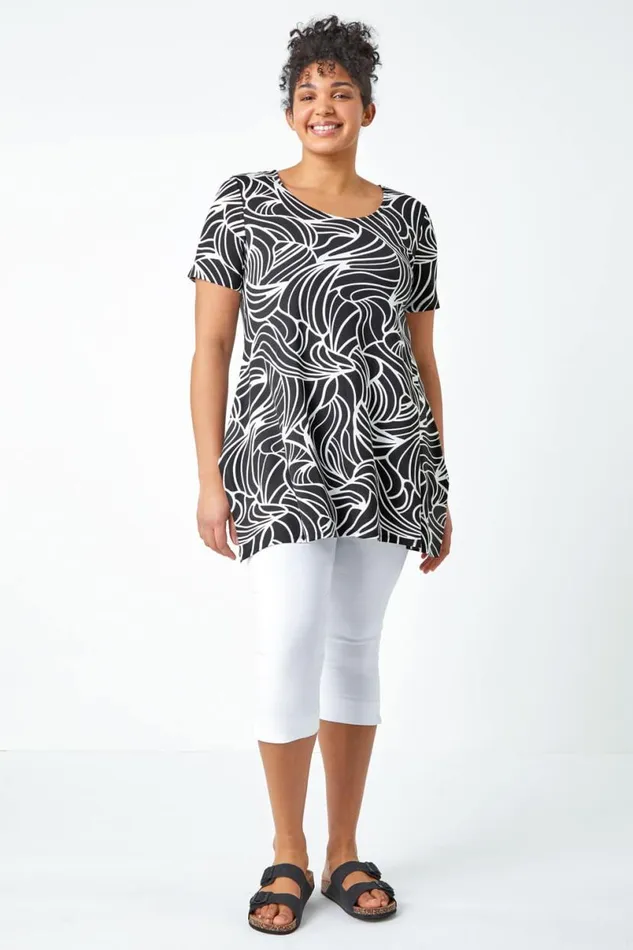 Black Curve Swirl Print Stretch Top Women Roman Tops