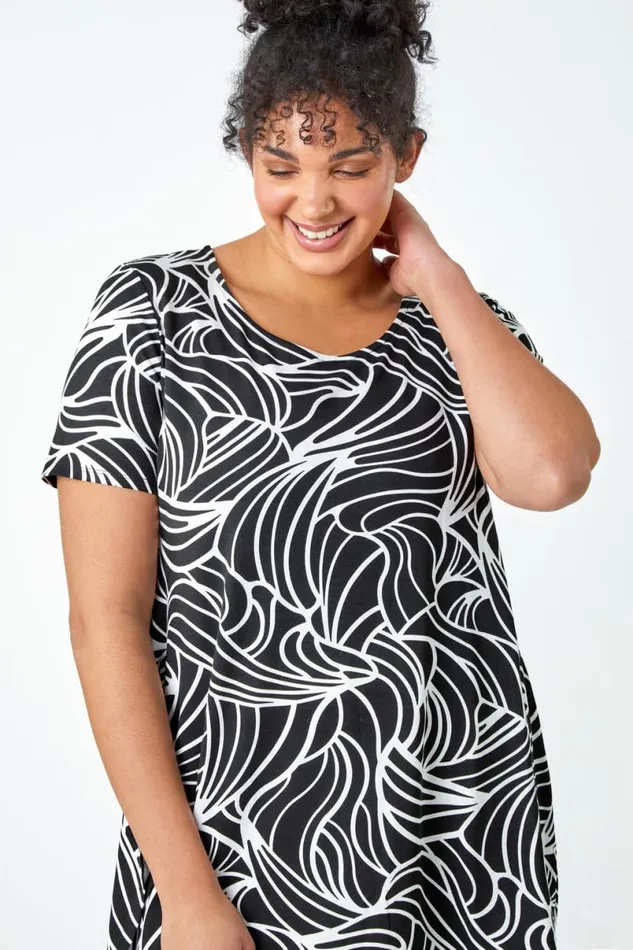 Black Curve Swirl Print Stretch Top Women Roman Tops