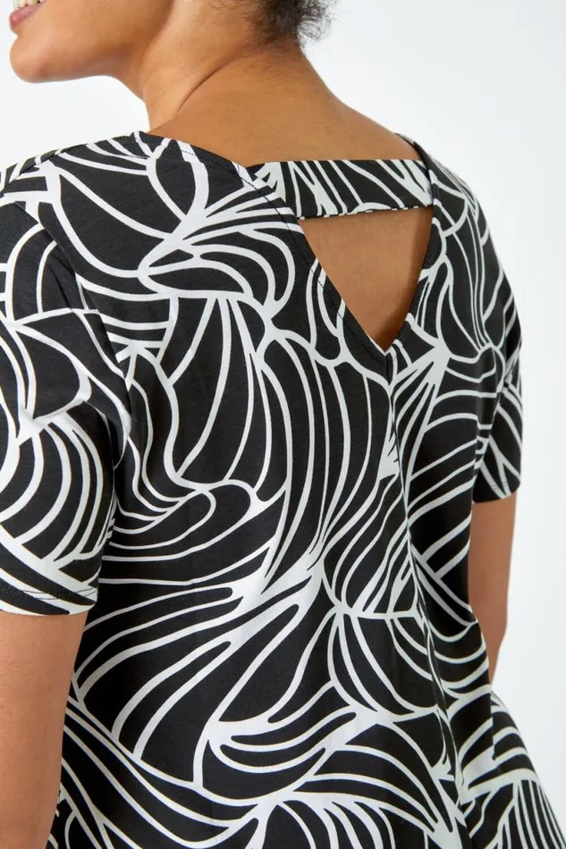 Black Curve Swirl Print Stretch Top Women Roman Tops