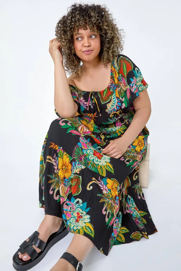 Black Curve Tropical Crinkle Shirred Midi Dress Women Roman Dresses