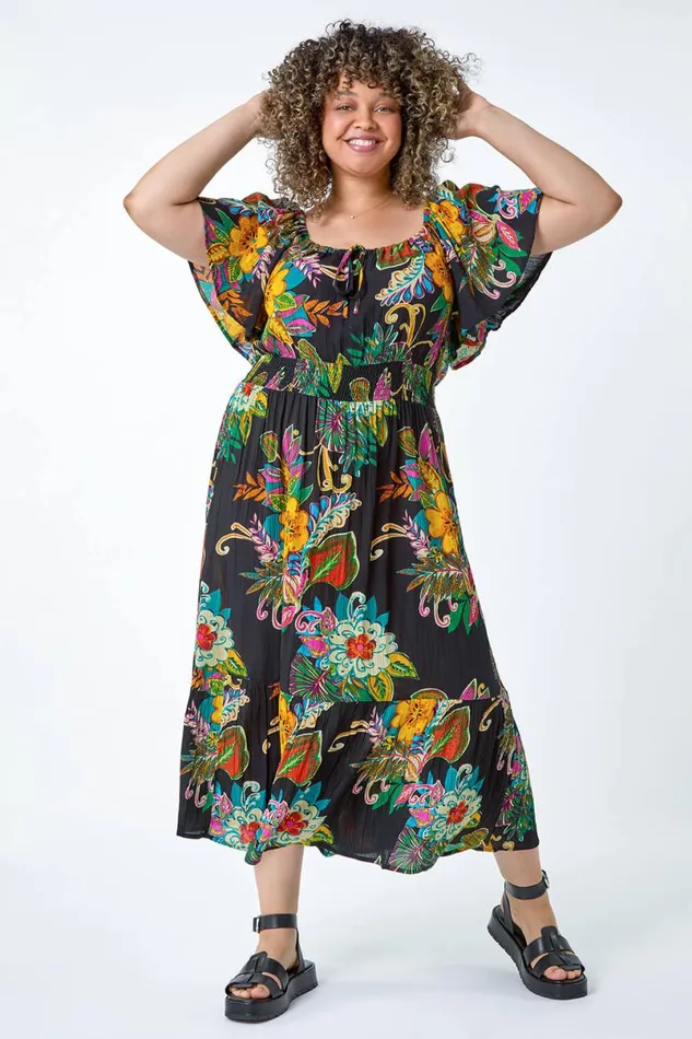 Black Curve Tropical Crinkle Shirred Midi Dress Women Roman Dresses