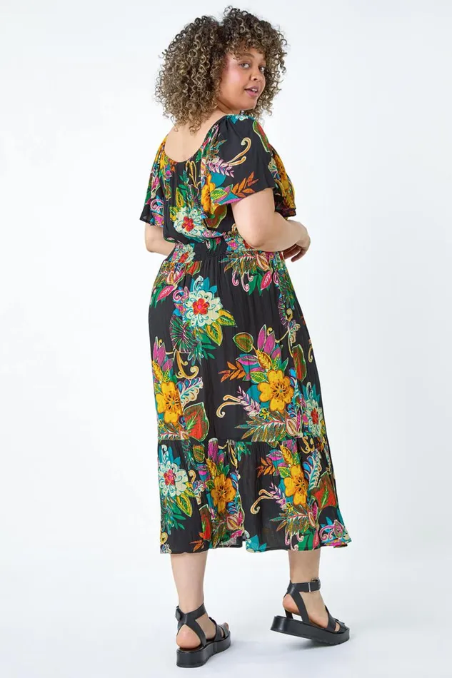 Black Curve Tropical Crinkle Shirred Midi Dress Women Roman Dresses