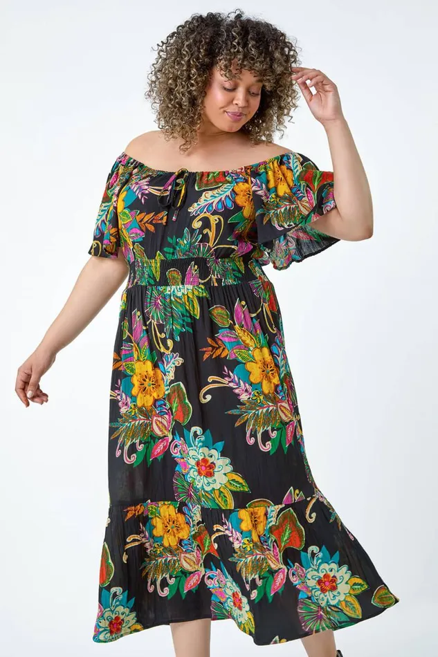 Black Curve Tropical Crinkle Shirred Midi Dress Women Roman Dresses