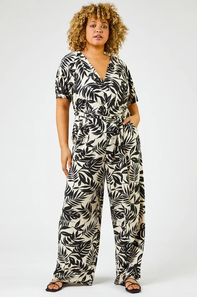 Black Curve Tropical Print Jumpsuit Women Roman Dresses