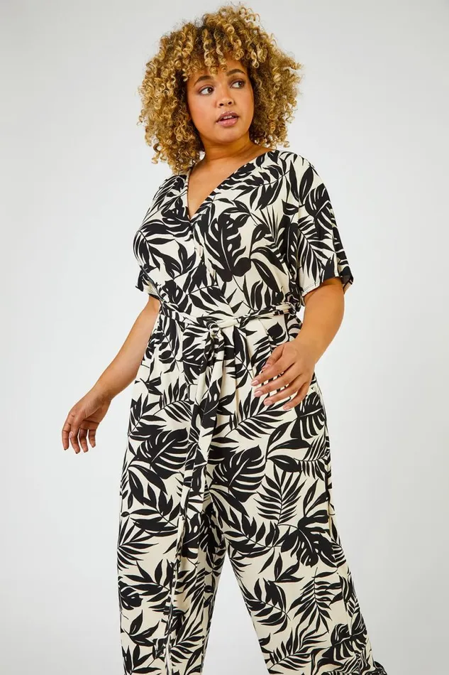 Black Curve Tropical Print Jumpsuit Women Roman Dresses