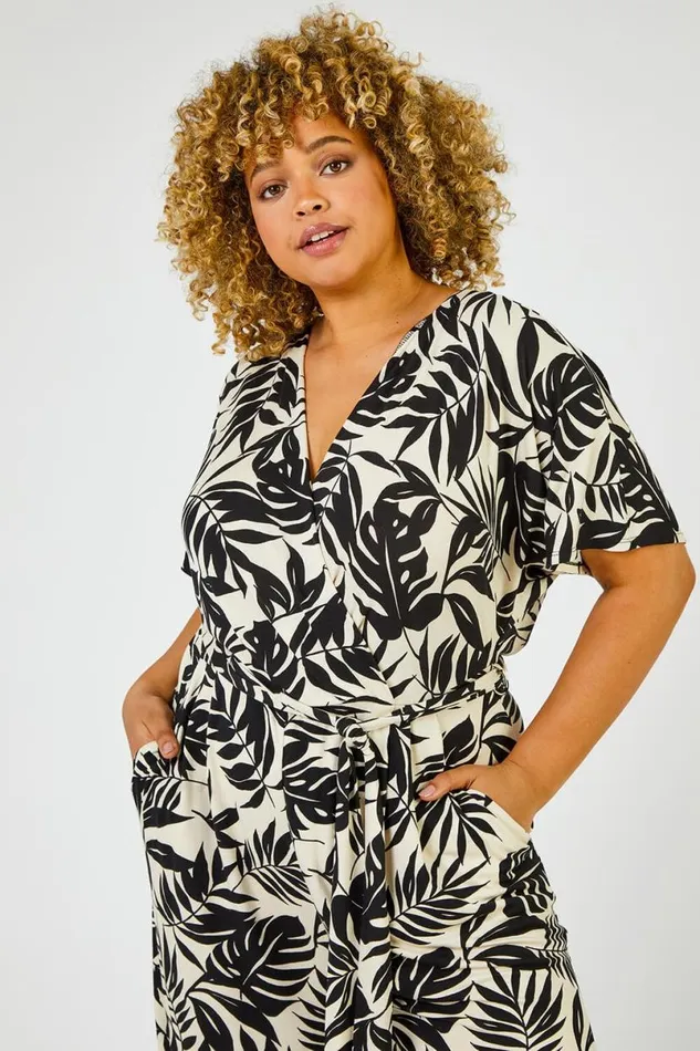 Black Curve Tropical Print Jumpsuit Women Roman Dresses