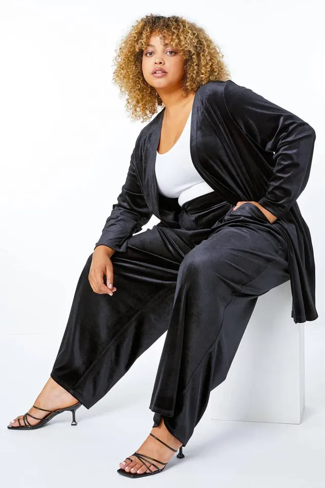 Black Curve Velvet Wide Leg Trousers Women Roman Trousers