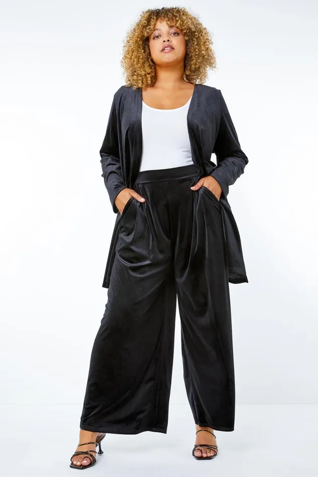 Black Curve Velvet Wide Leg Trousers Women Roman Trousers