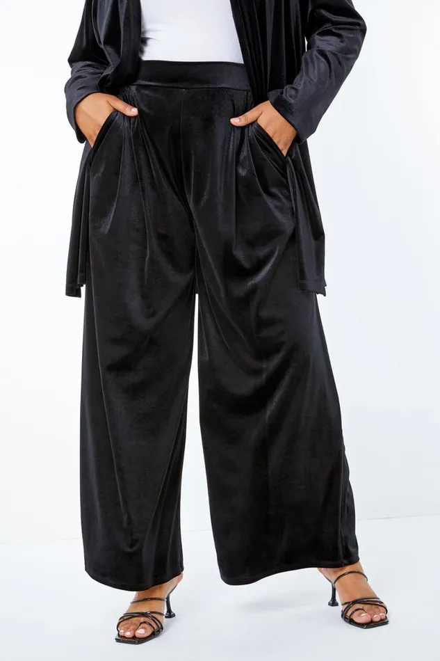 Black Curve Velvet Wide Leg Trousers Women Roman Trousers