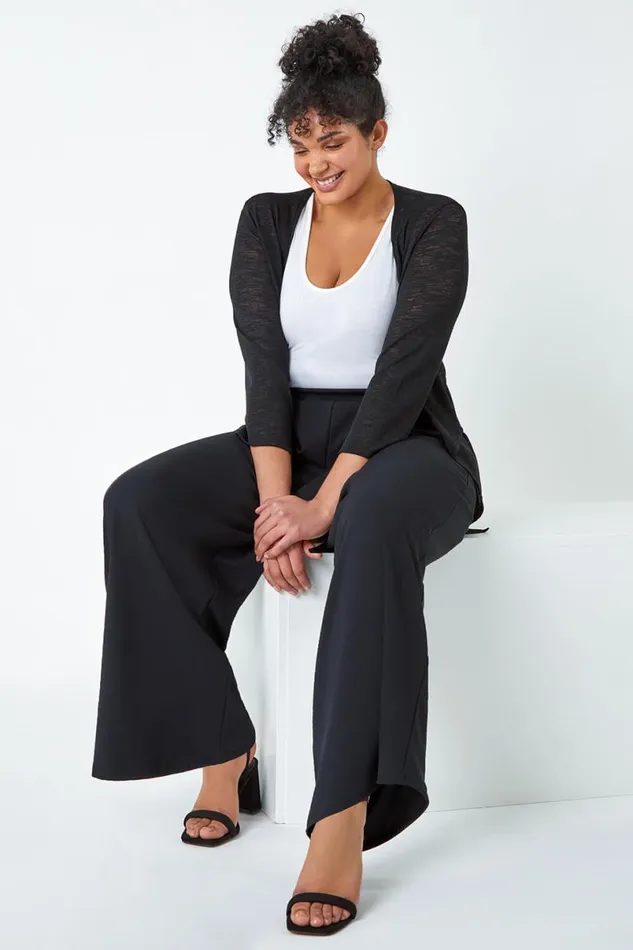 Black Curve Wide Leg Pleat Stretch Trousers Women Roman Occasionwear