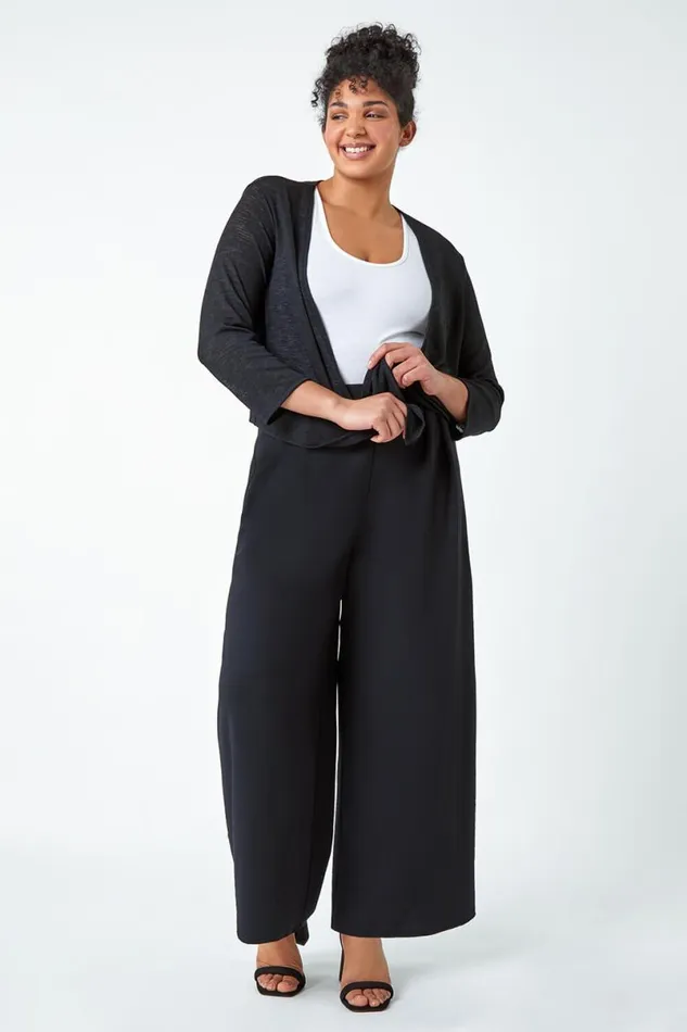 Black Curve Wide Leg Pleat Stretch Trousers Women Roman Occasionwear