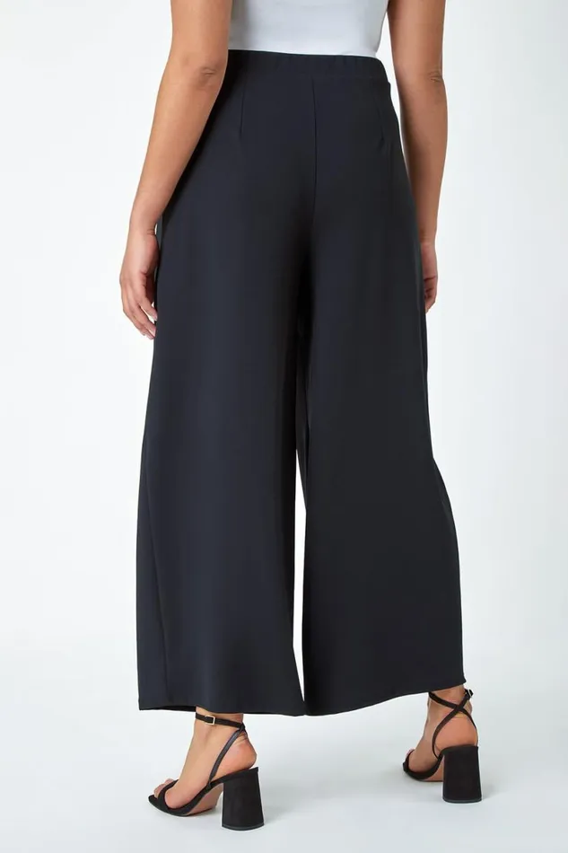 Black Curve Wide Leg Pleat Stretch Trousers Women Roman Occasionwear