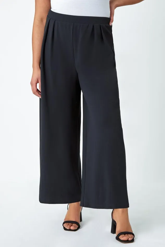 Black Curve Wide Leg Pleat Stretch Trousers Women Roman Occasionwear