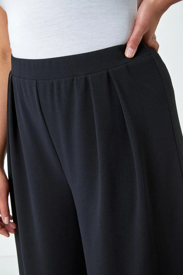 Black Curve Wide Leg Pleat Stretch Trousers Women Roman Occasionwear