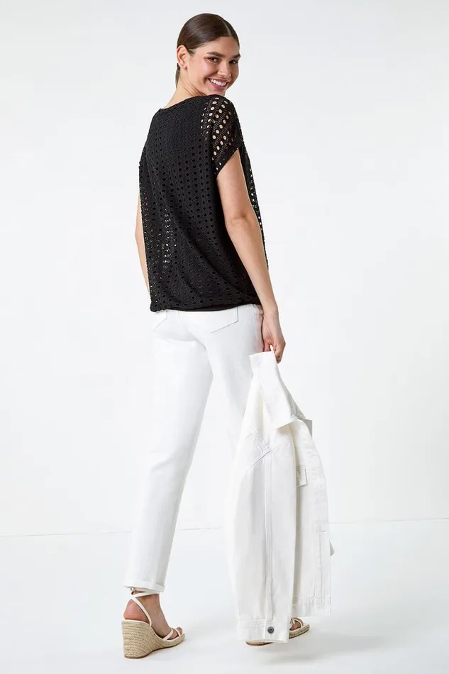 Black Cut Out Detail Stretch Top Women Roman Tops