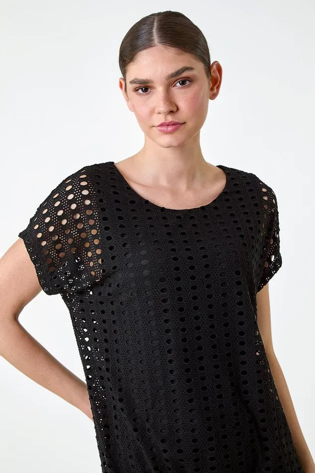 Black Cut Out Detail Stretch Top Women Roman Tops