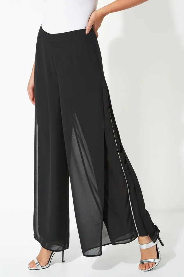 Black Diamante Side Split Chiffon Trousers Women Roman Occasionwear
