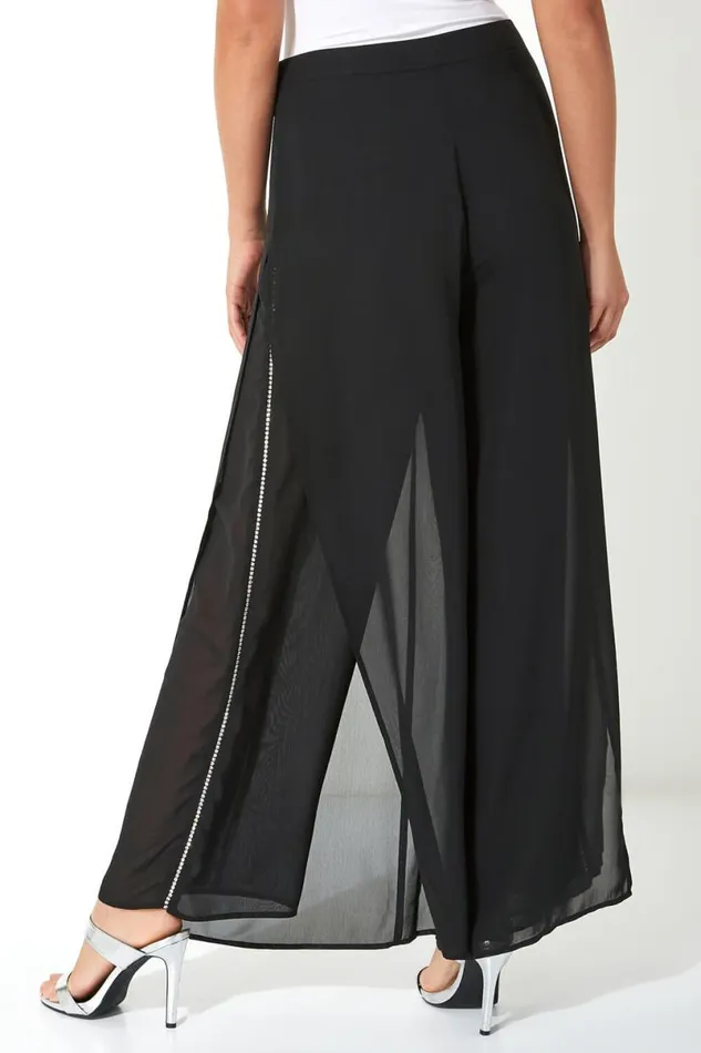 Black Diamante Side Split Chiffon Trousers Women Roman Occasionwear