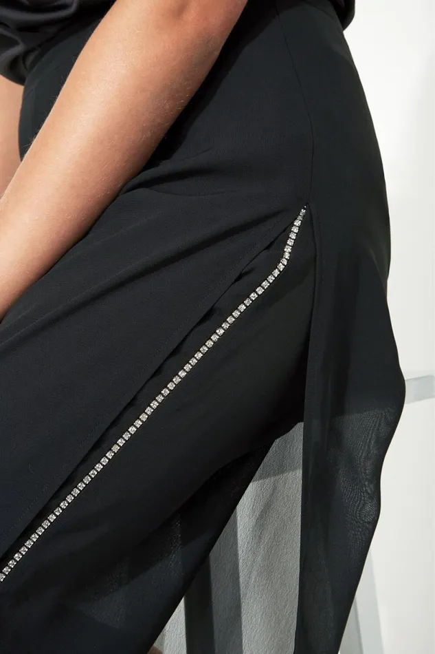 Black Diamante Side Split Chiffon Trousers Women Roman Occasionwear