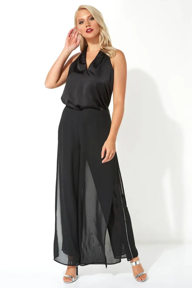Black Diamante Side Split Chiffon Trousers Women Roman Occasionwear