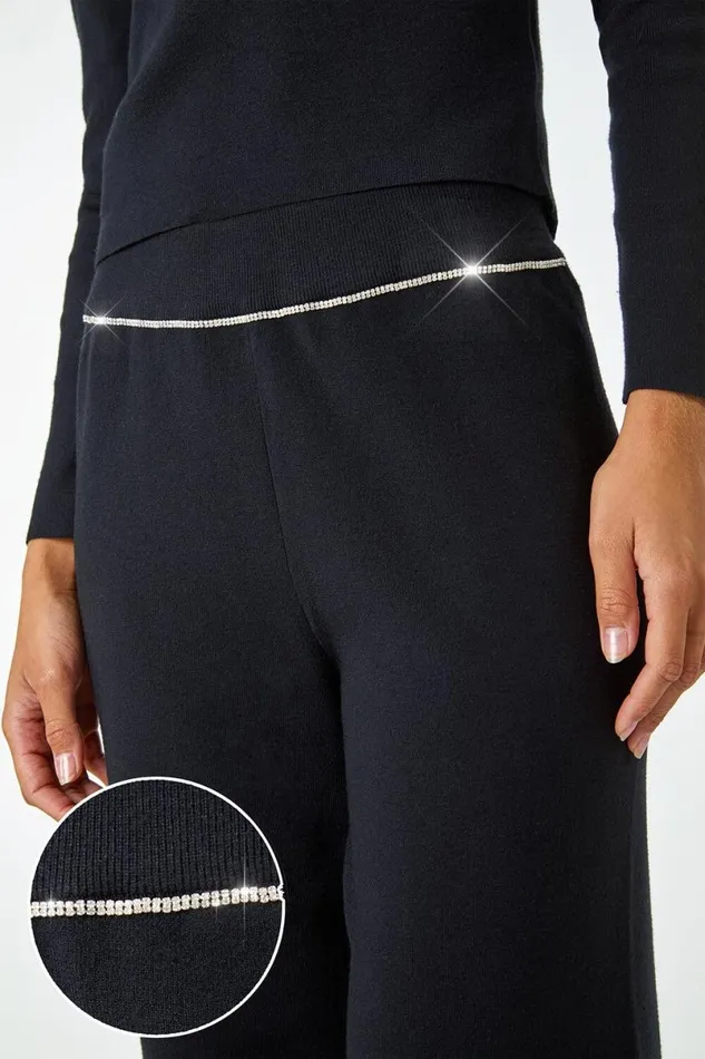 Black Diamante Waist Trim Knitted Trouser Women Roman Trousers
